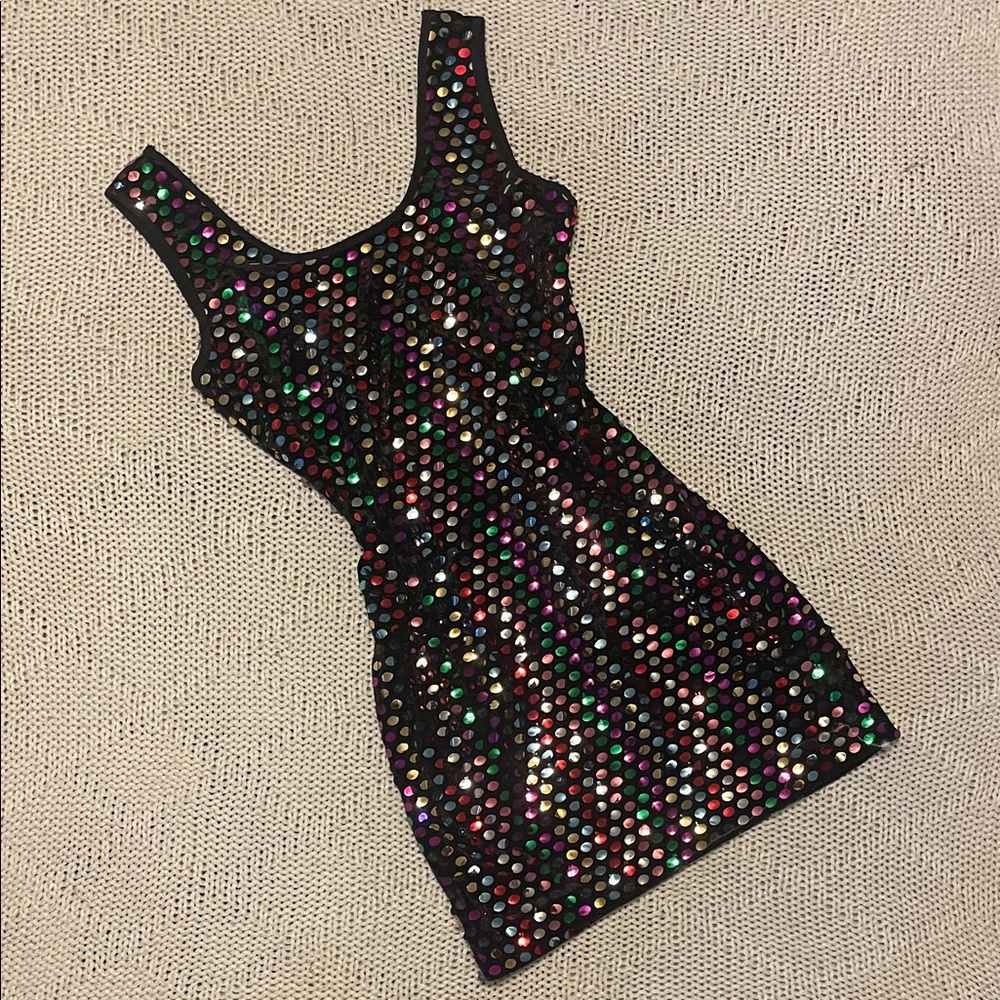 Knapp Studio California Black Sequin Polka Dot Bodycon Mini Dress Size M